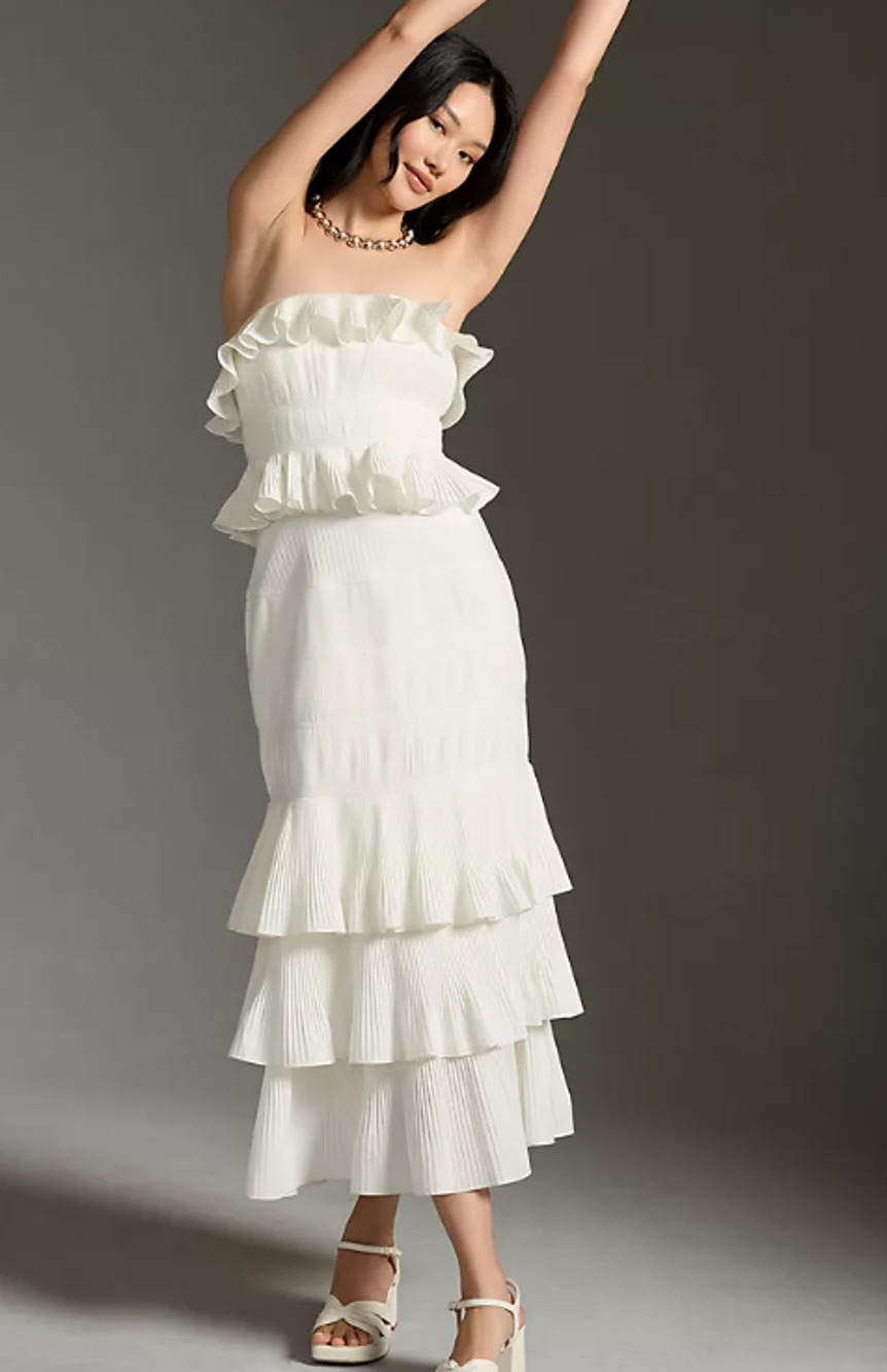NWT Anthropologie Let Me Be Strapless Tiered Ruffled Midi Dress White XS